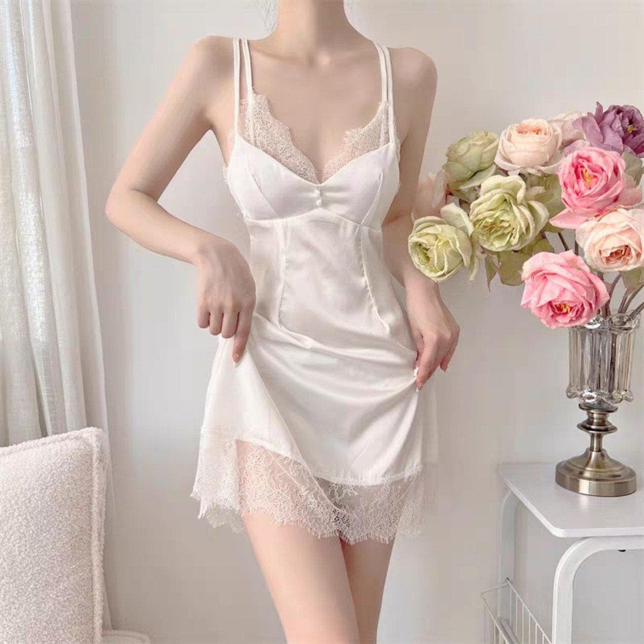 V08 Váy lụa latin nút bọc ren bông tuyết