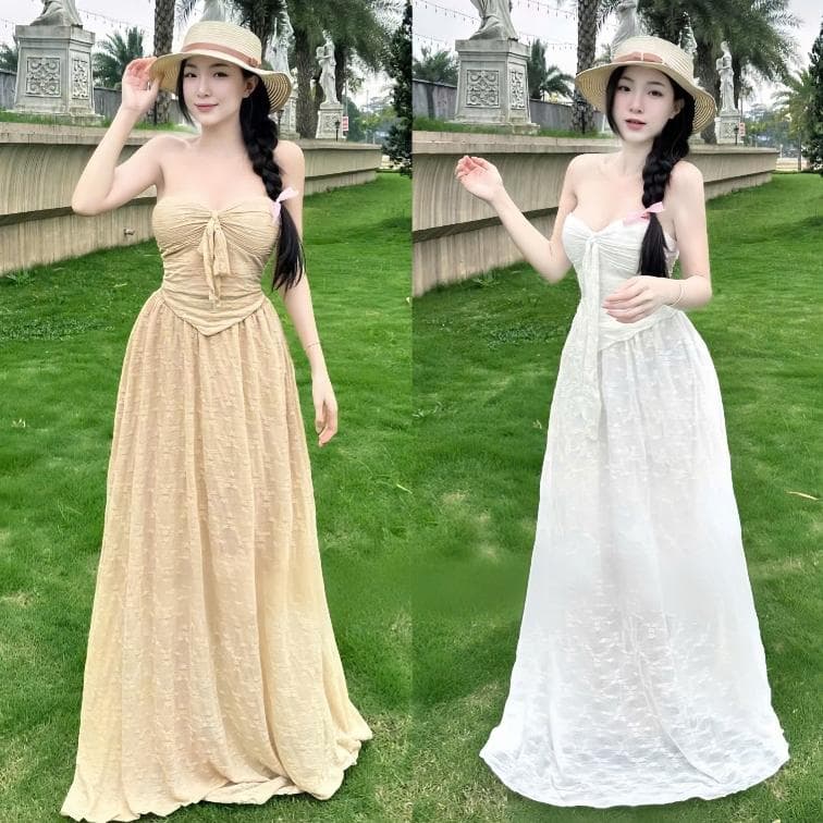 Bi46 - Set Váy Cúp Ngực Kèm CV Hoa Dài Tiểu Thư