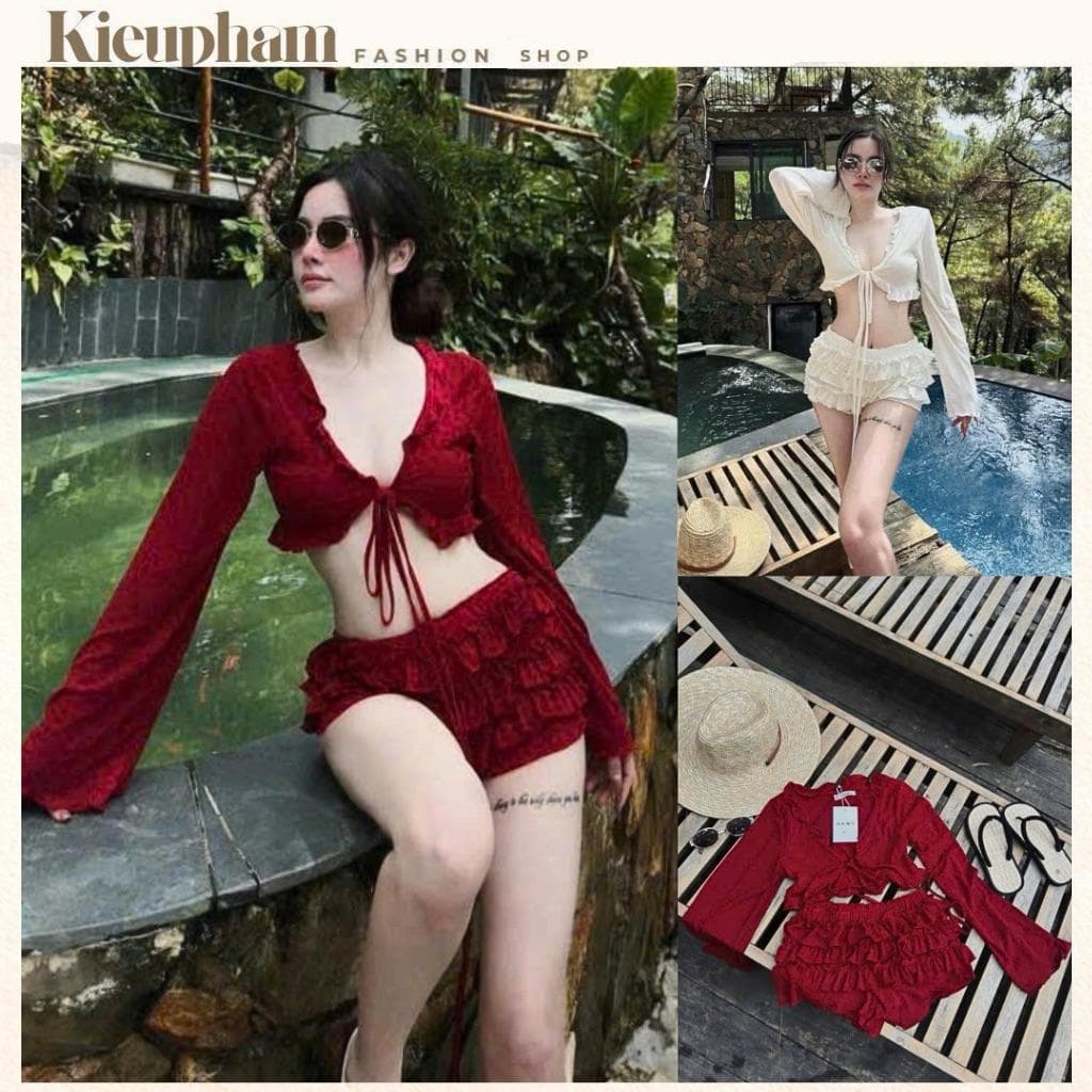 Bi43 - Set Bikini Croptop + Chân Váy Ngắn Tầng Bèo