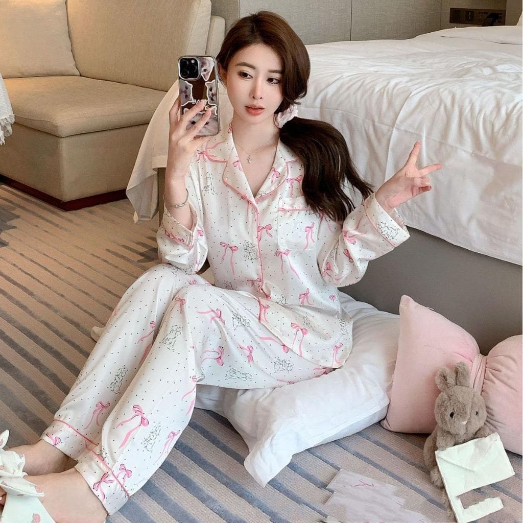 B77 Bộ pijama nơ hồng tiểu thư