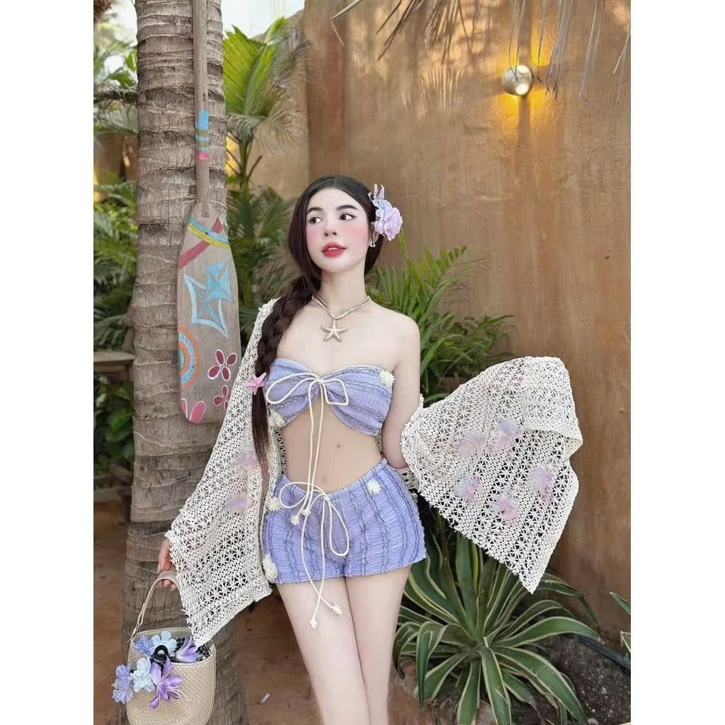 BI01 - Set Bikini len thiết kế 3 món kèm choàng