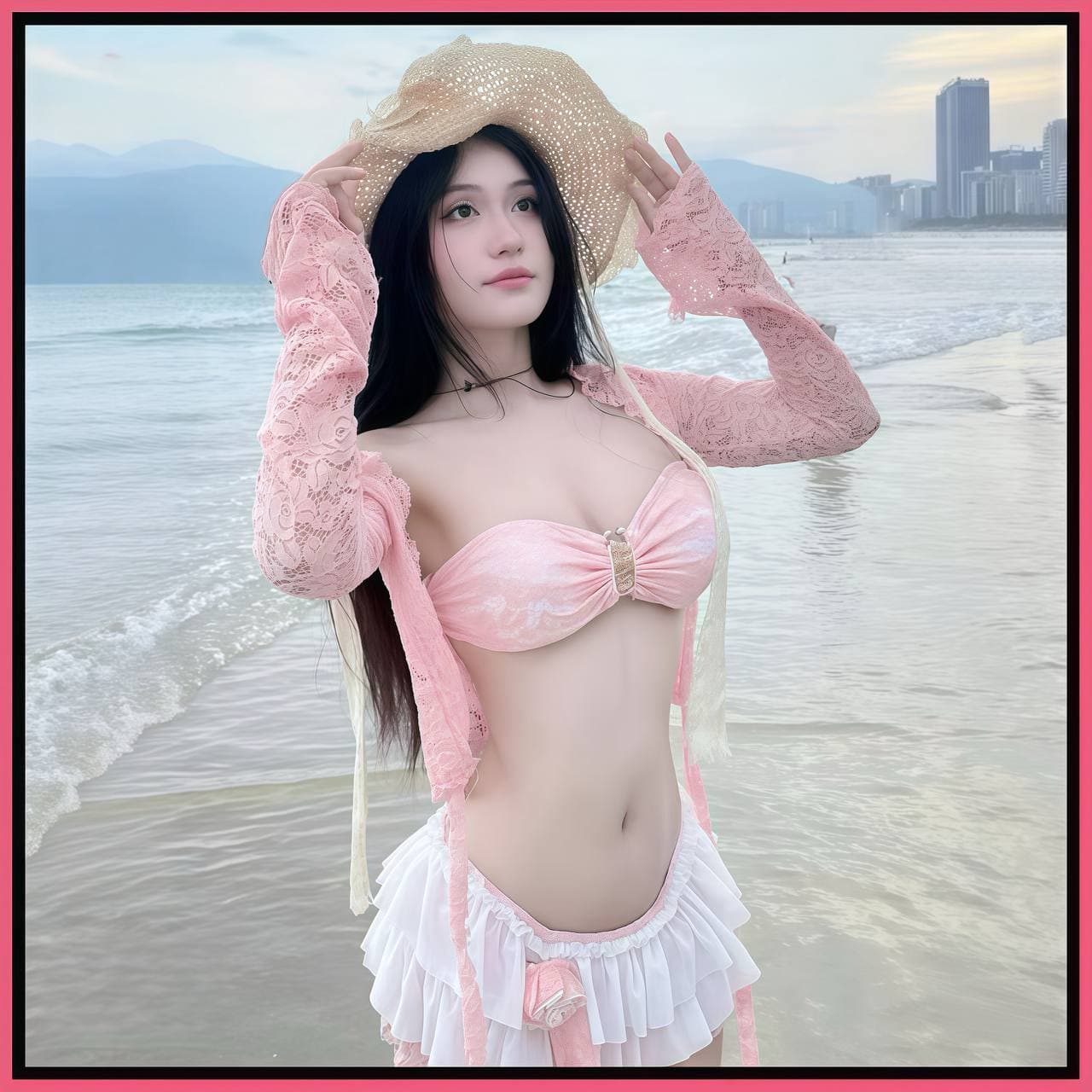 Bi45 - Set 4 Món Bikini Ren Bèo Tầng Kèm Áo Khoác