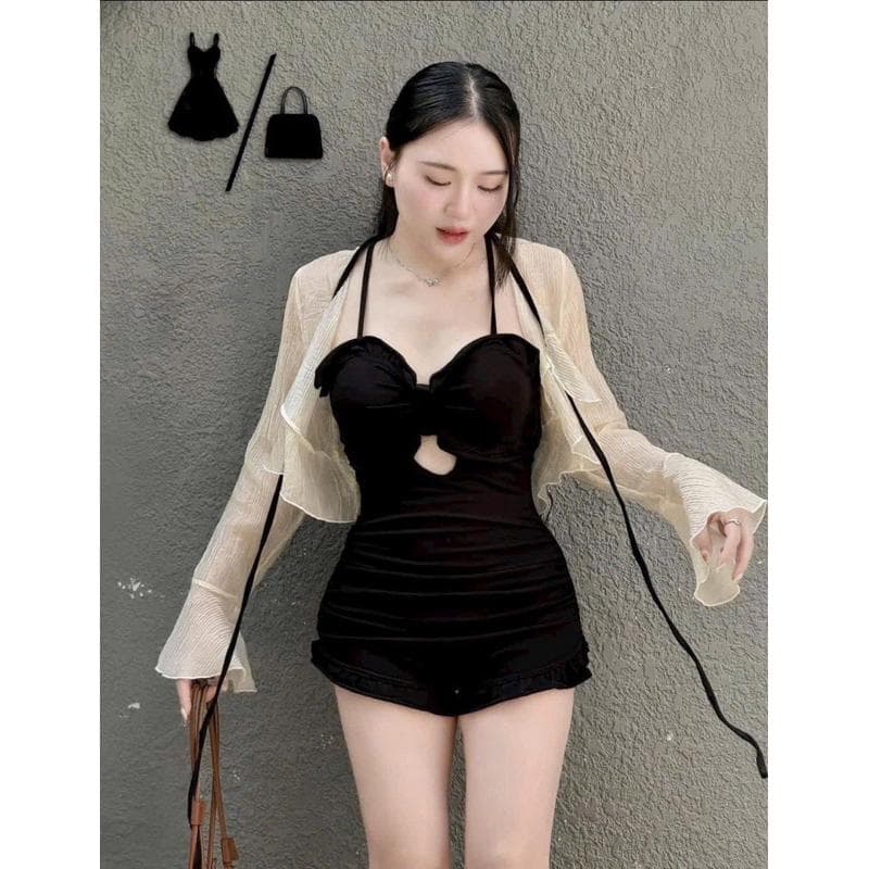 Bi11 - Set Bikini đen bèo + kèm khoác voan