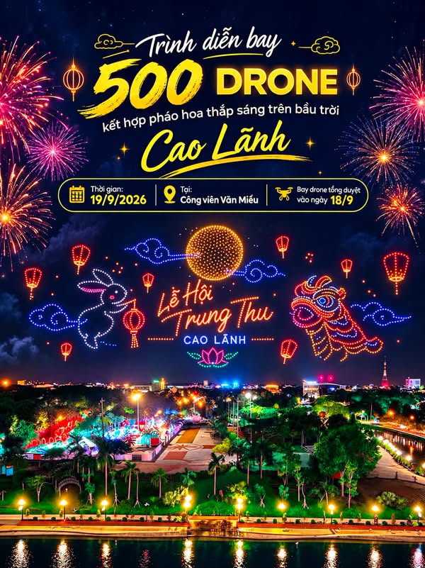 Poster đêm hội Trung thu Cao Lãnh 2026: 500 drone, pháo hoa, đèn lồng và trăng rằm tại Công viên Văn Miếu